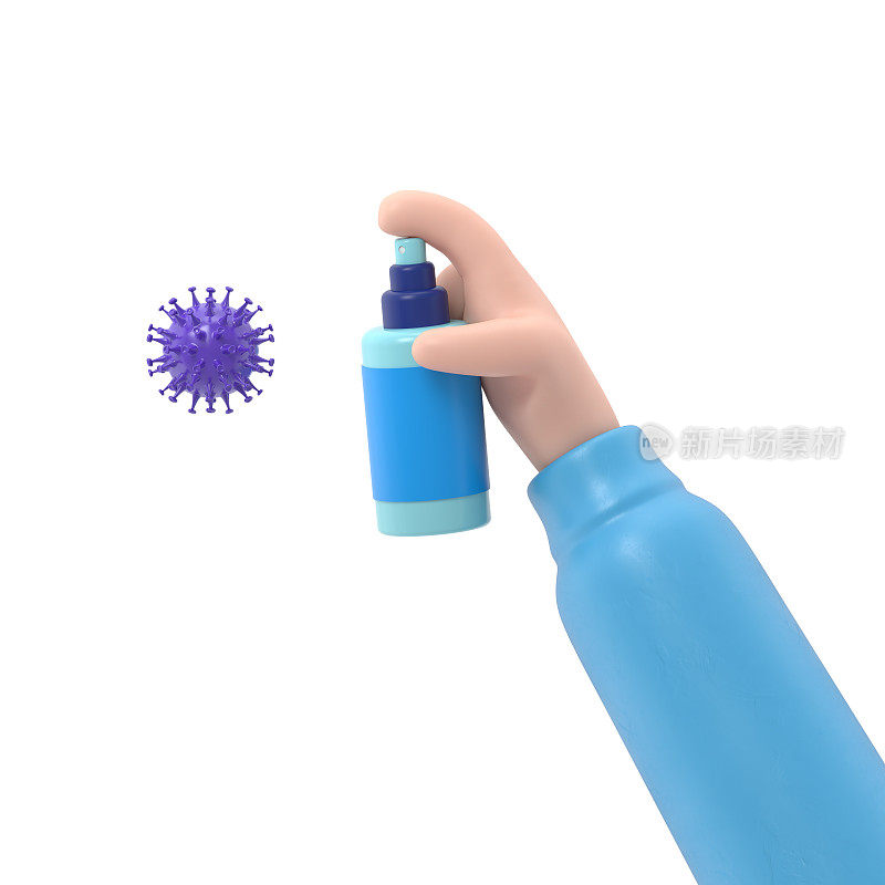 戴手套的男子手里拿着一瓶消毒喷雾。抗菌烧瓶杀灭细菌。消毒剂的概念。家庭卫生和个人卫生。控制冠状病毒疫情。2019 - ncov停止。